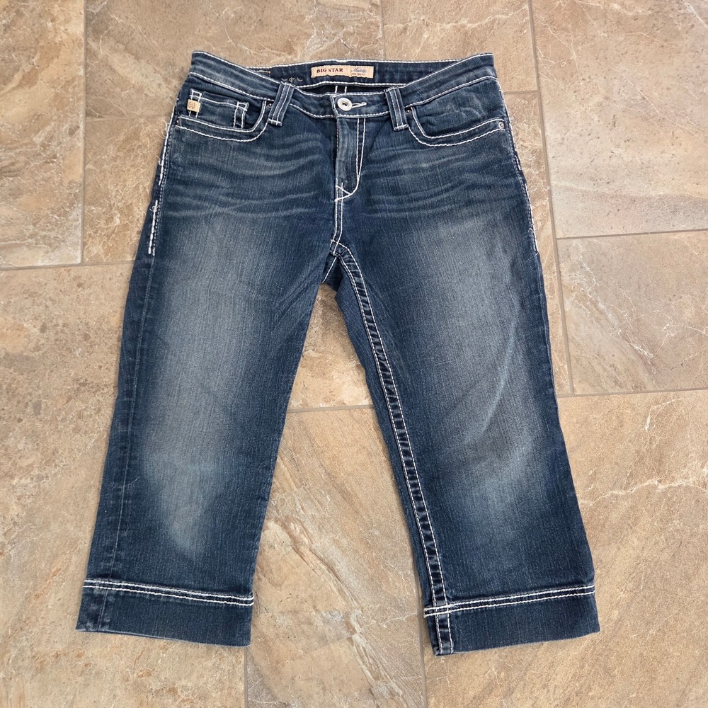 Big Star Maddie Mid Rise Cropped Jeans Dark Wash Thick Stitch Capris 28 Y2K